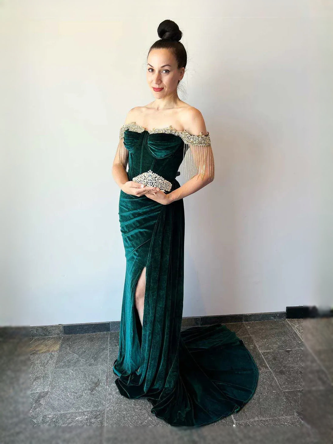 Emerald Green maxi prom dress, alternate view showing the overall dress design