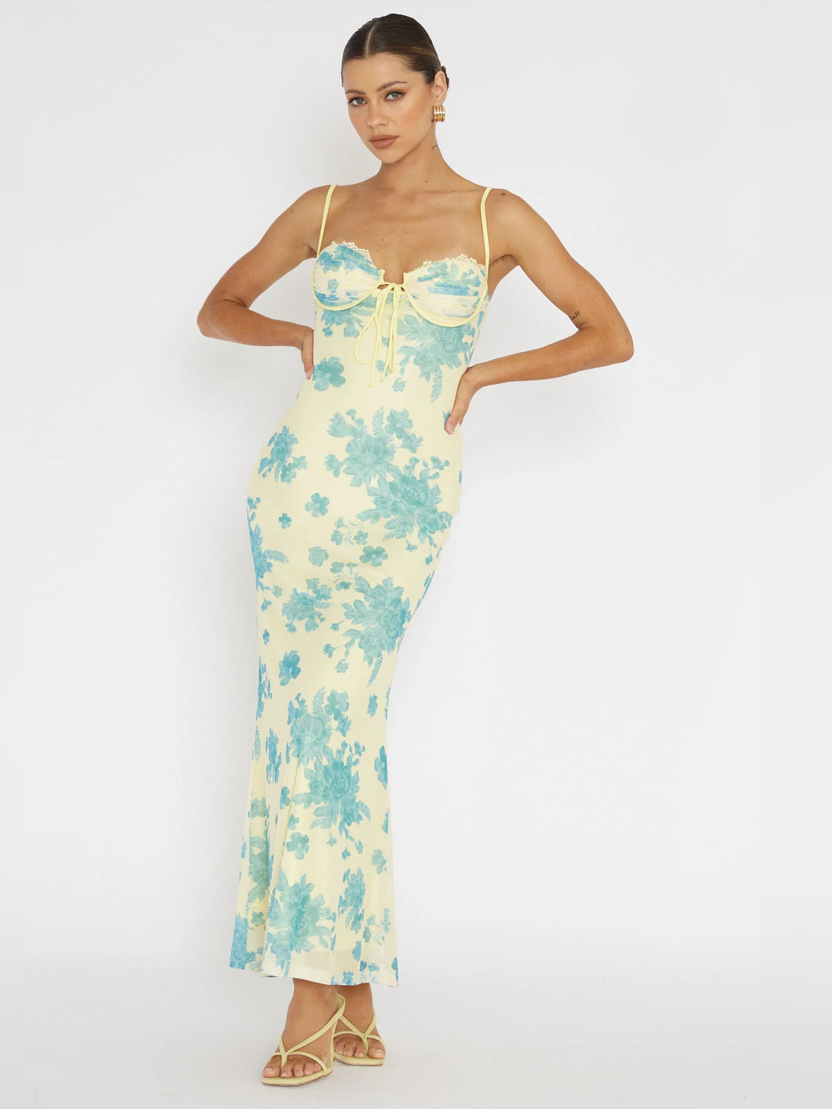 Yellow midi formal dress, alternate view showing the waist