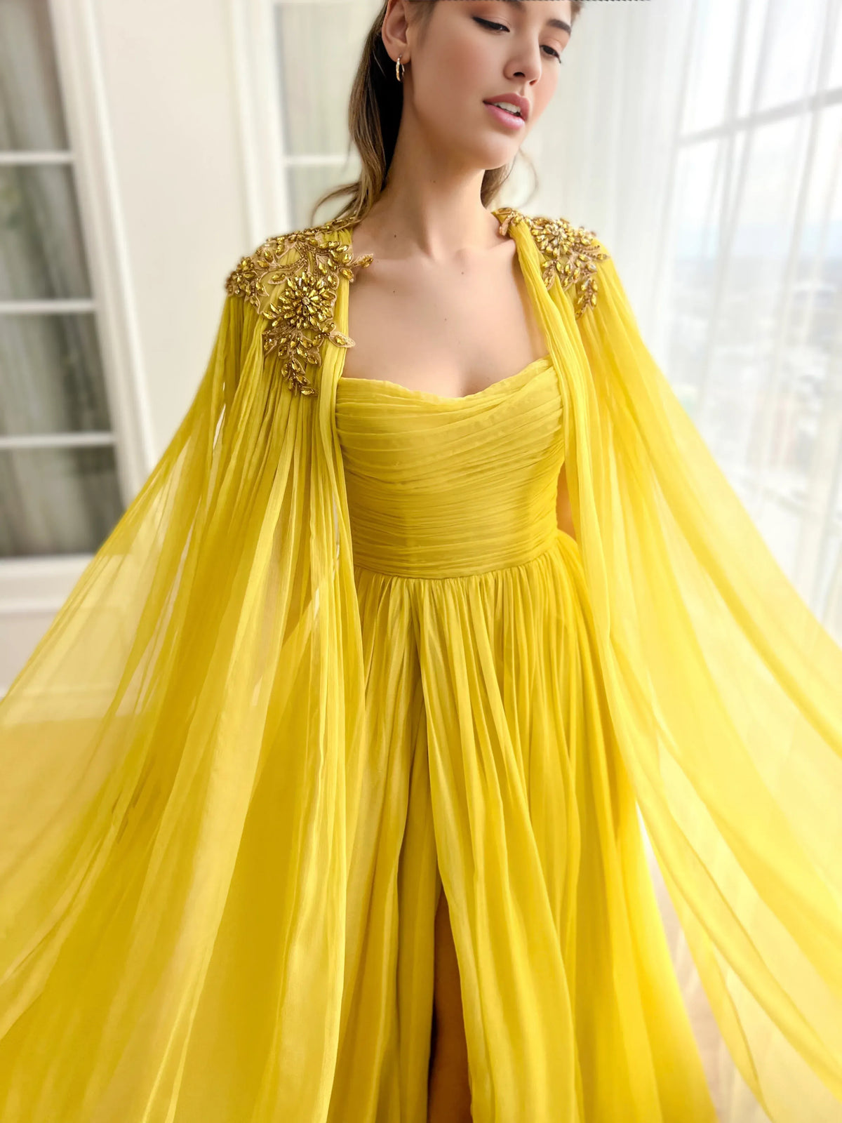 Yellow a-line floor-length formal dress with draping, alternate view