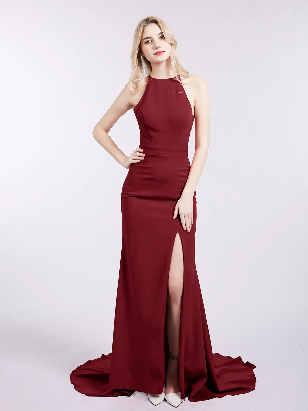 Burgundy maxi prom dress, alternate view showing the overall dress design