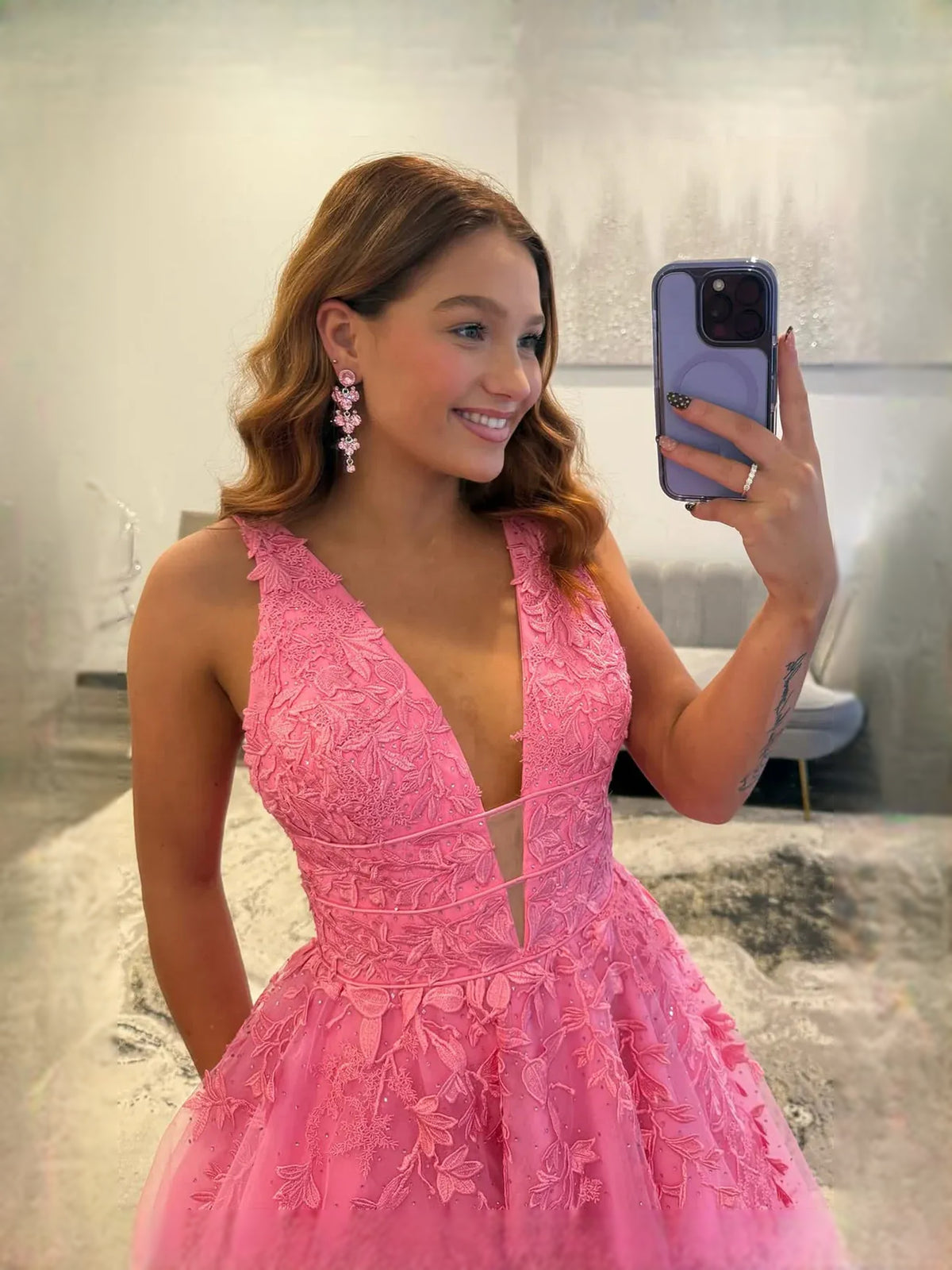 Pink floor-length prom dress, alternate view showing the overall dress design