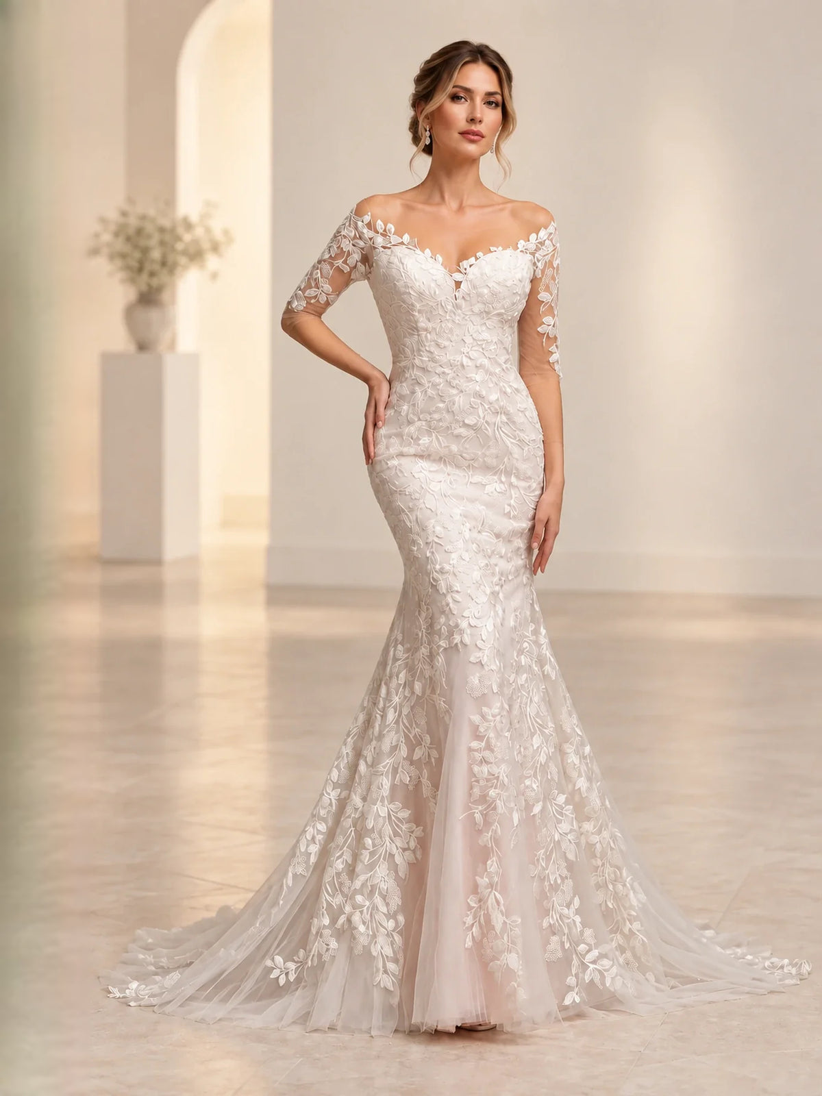 Ivory floor-length wedding dress, alternate view showing the overall dress design