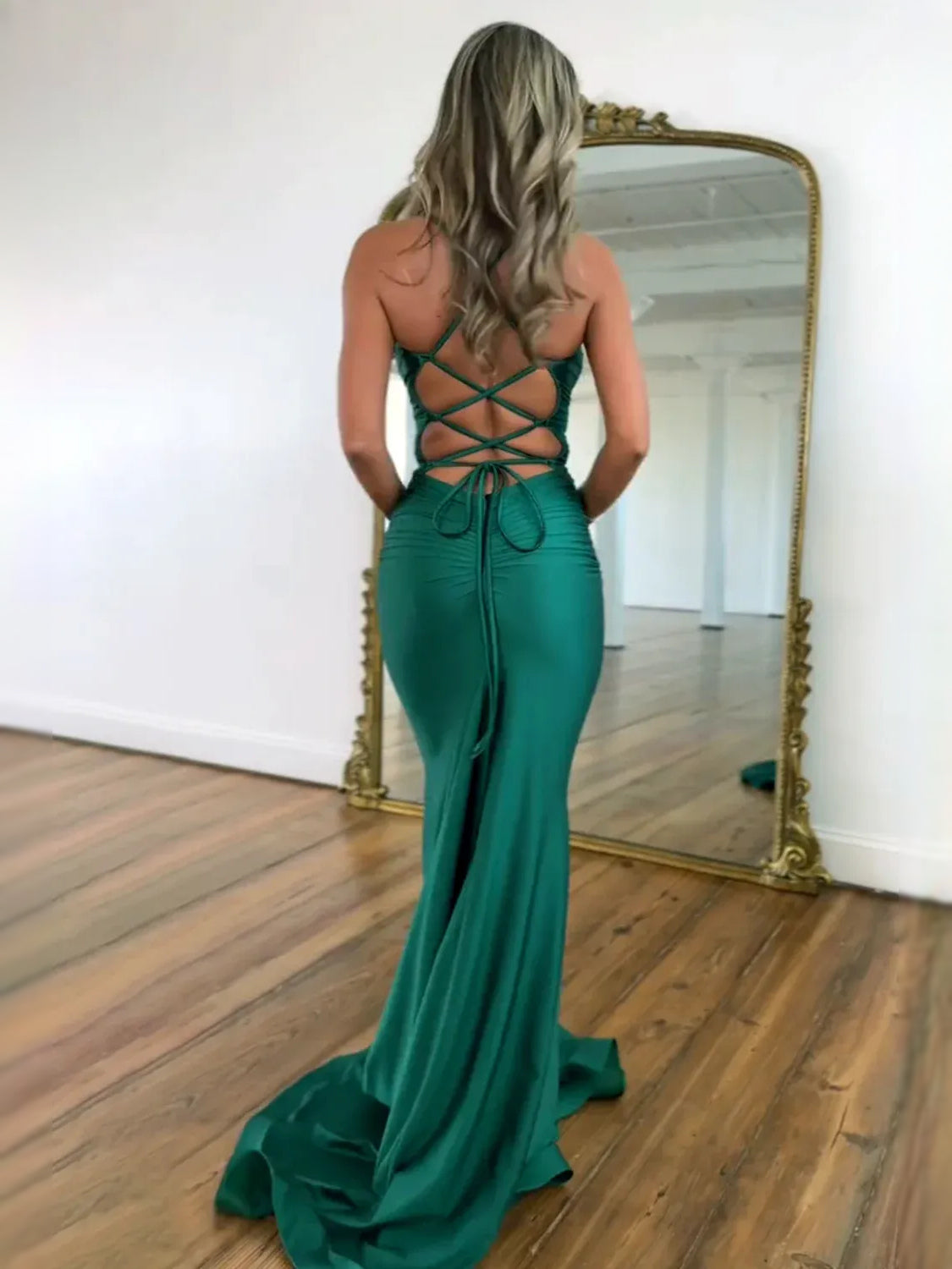 Teal floor-length prom dress, alternate view showing the overall dress design