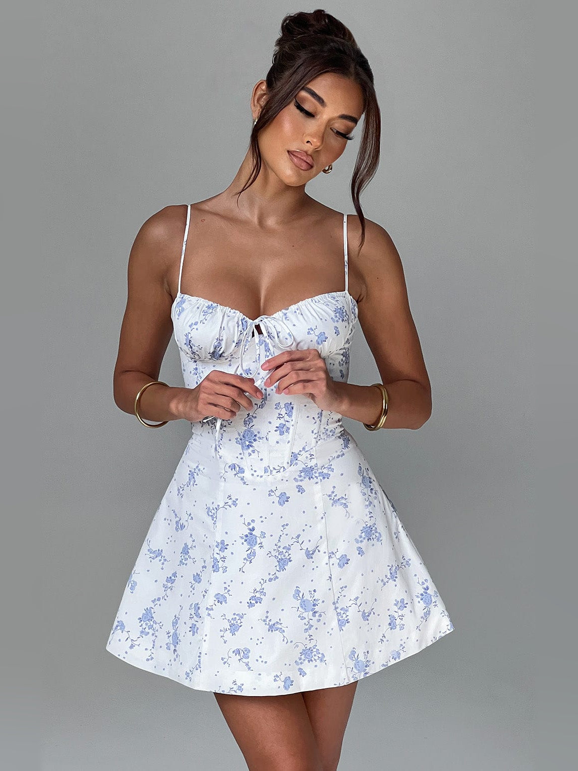 Print mini homecoming dress, alternate view showing the overall dress design