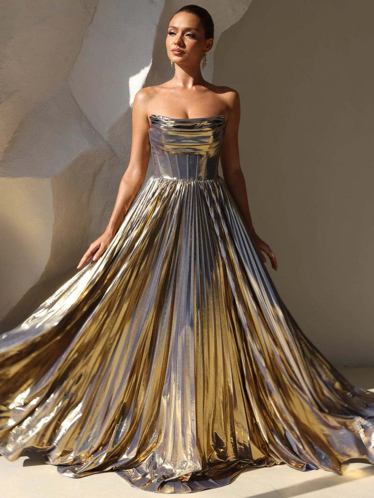 Gold a-line floor-length formal dress with corset-style bodice, alternate view showing the waist
