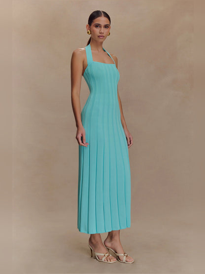 Blue midi formal dress with halter neckline, alternate view showing the waist