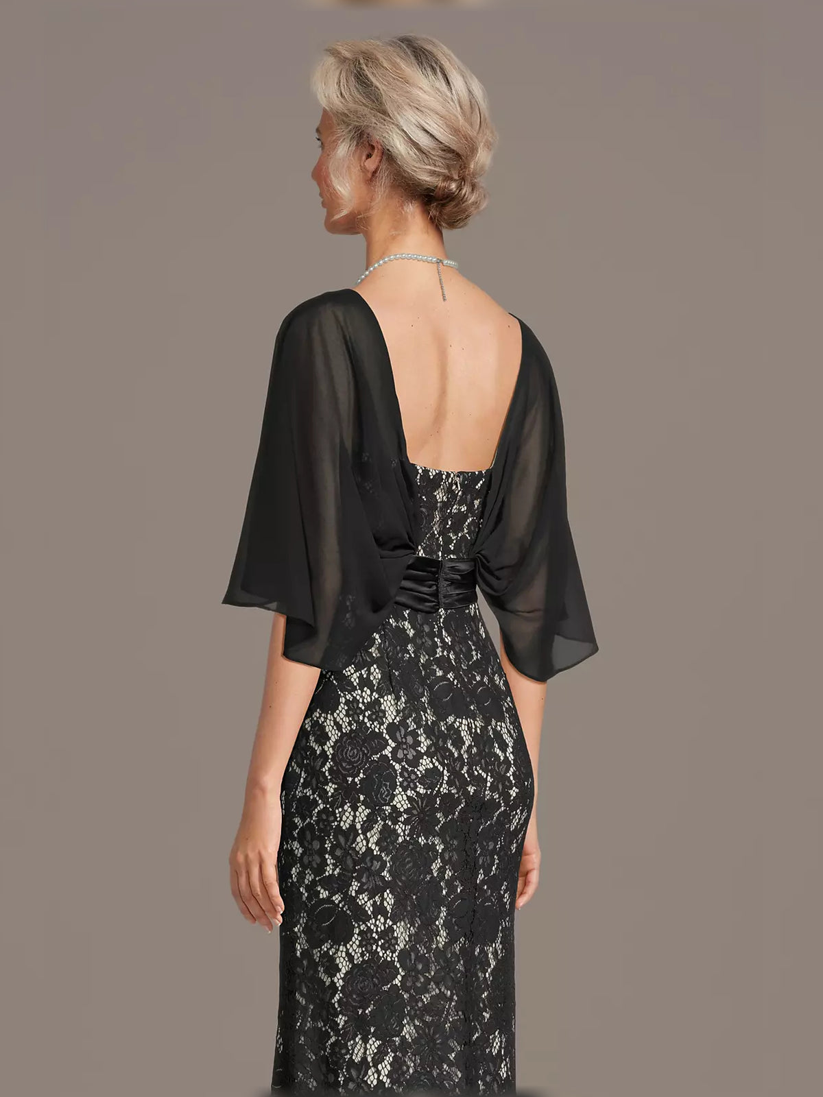 Black maxi mother of the bride dress, alternate view showing the overall dress design