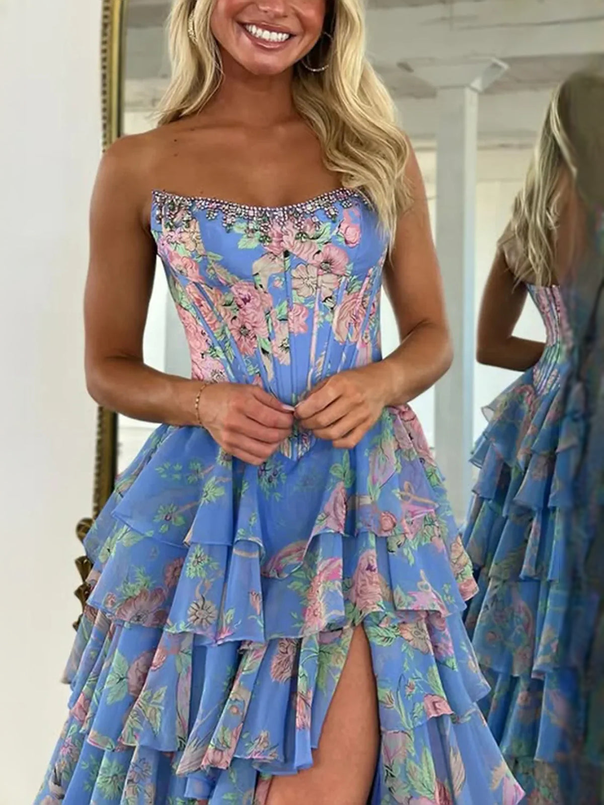 Dark Blue floor-length prom dress, alternate view showing the overall dress design