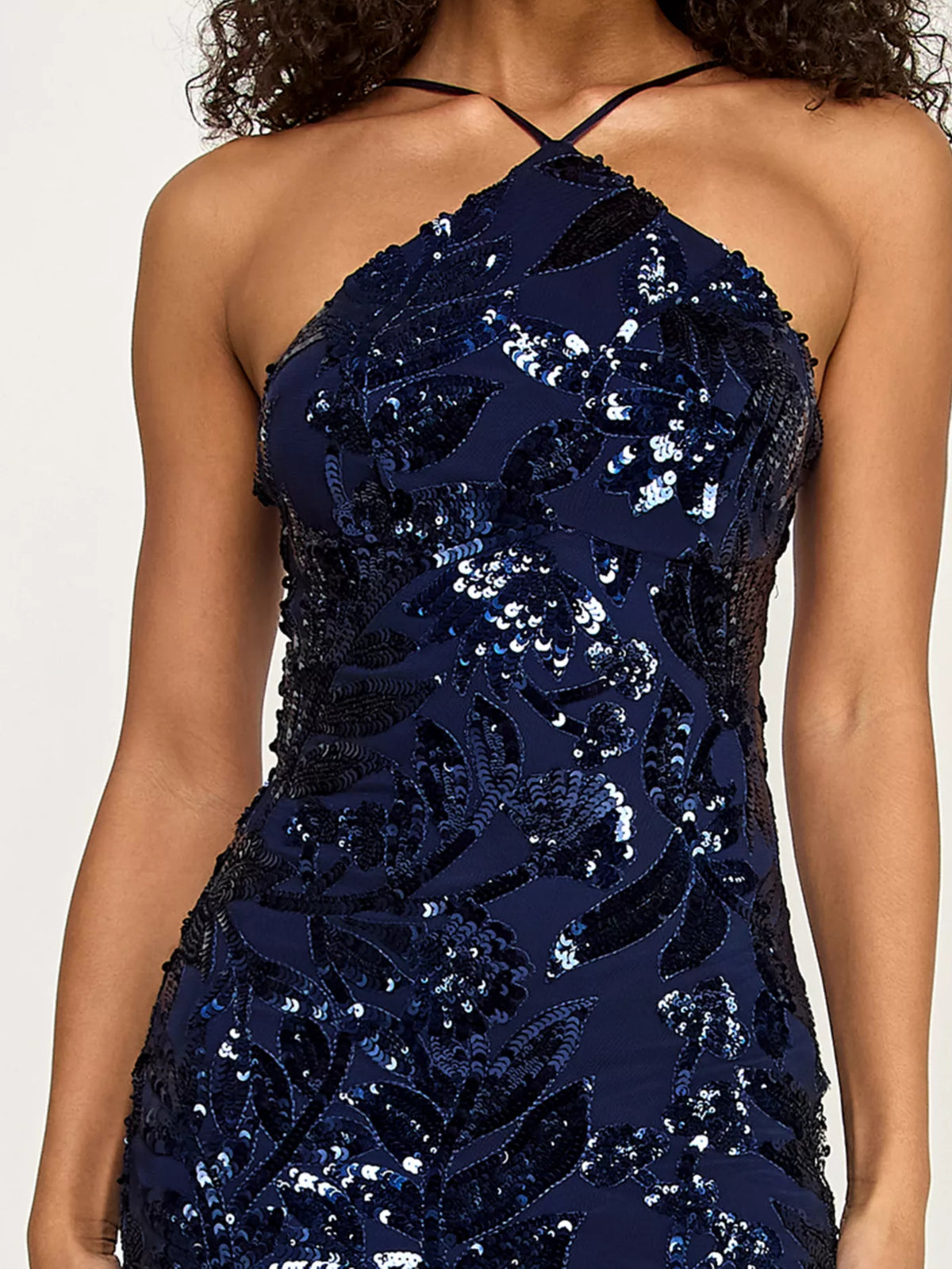 Navy Blue mermaid floor-length formal dress with floral print, alternate view