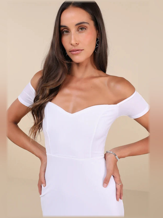 White midi formal dress with off-the-shoulder neckline, alternate view showing the waist