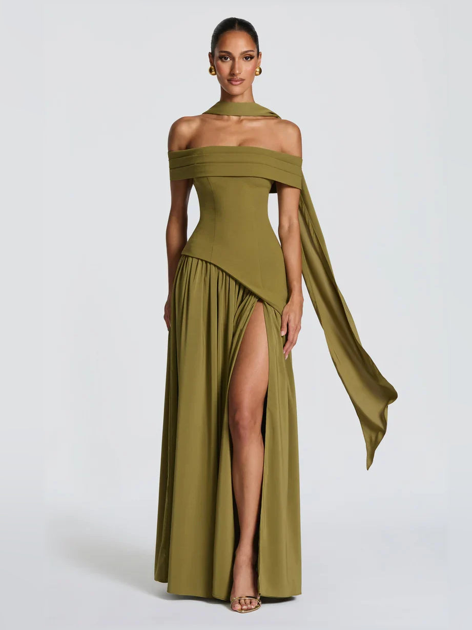 Olive Green sheath floor-length formal dress with pleated skirt, alternate view