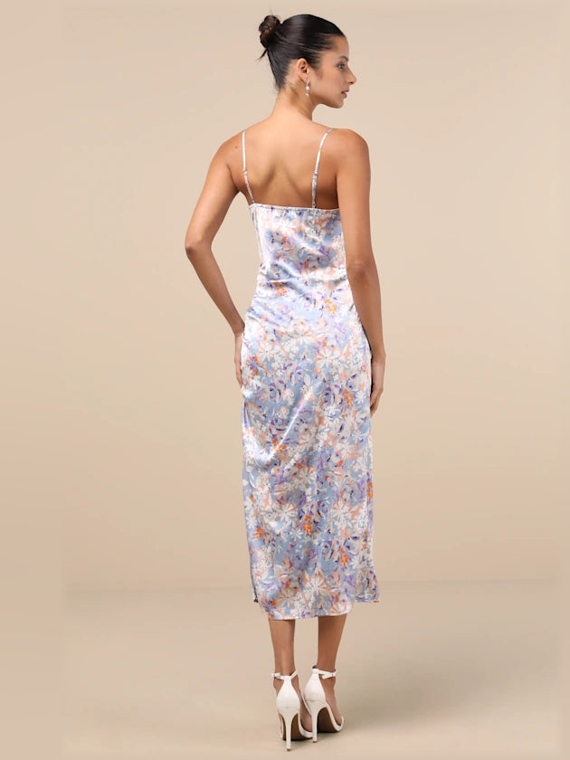 Floral midi formal dress with ruching, alternate view showing the waist