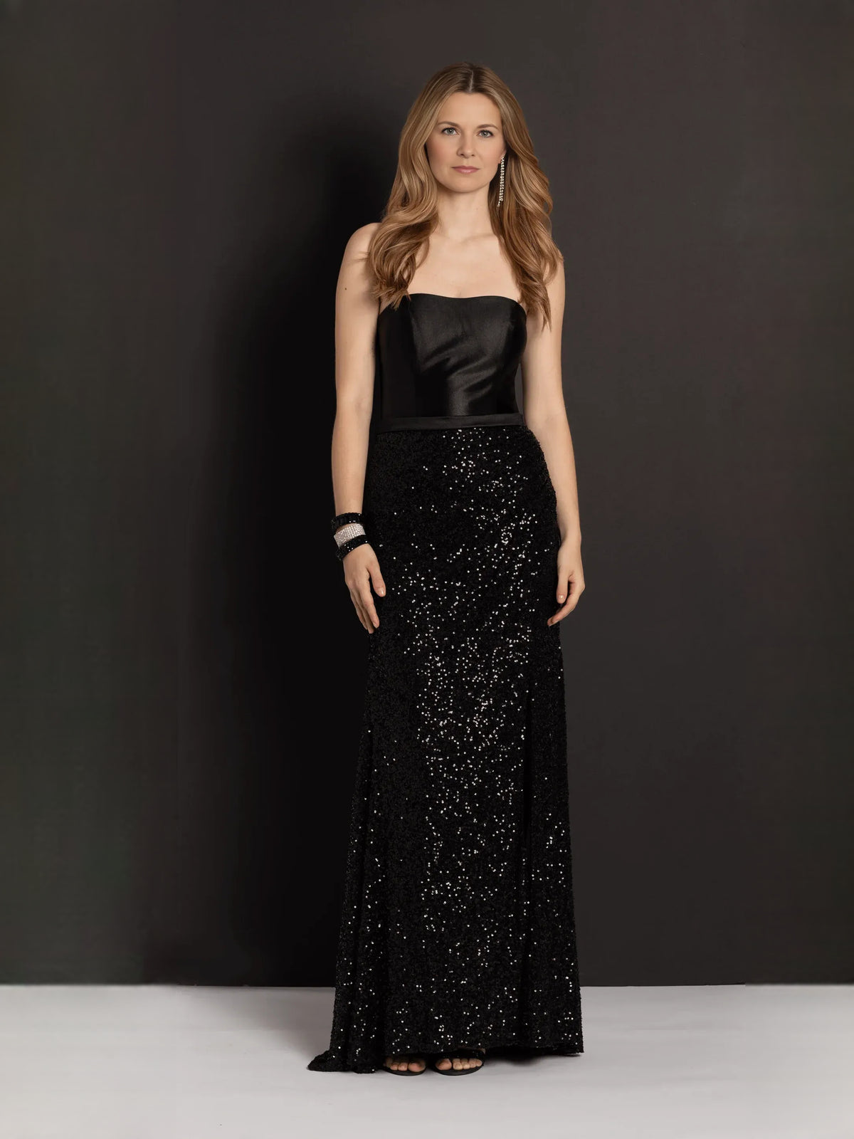 Black mermaid floor-length formal dress with sequins, alternate view showing the waist