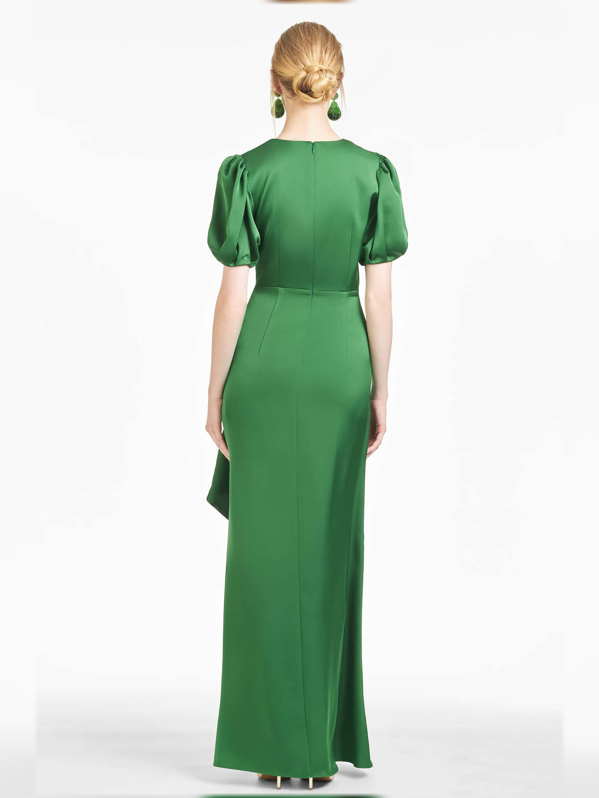 Green sheath maxi formal dress with ruffle details, alternate view showing the waist