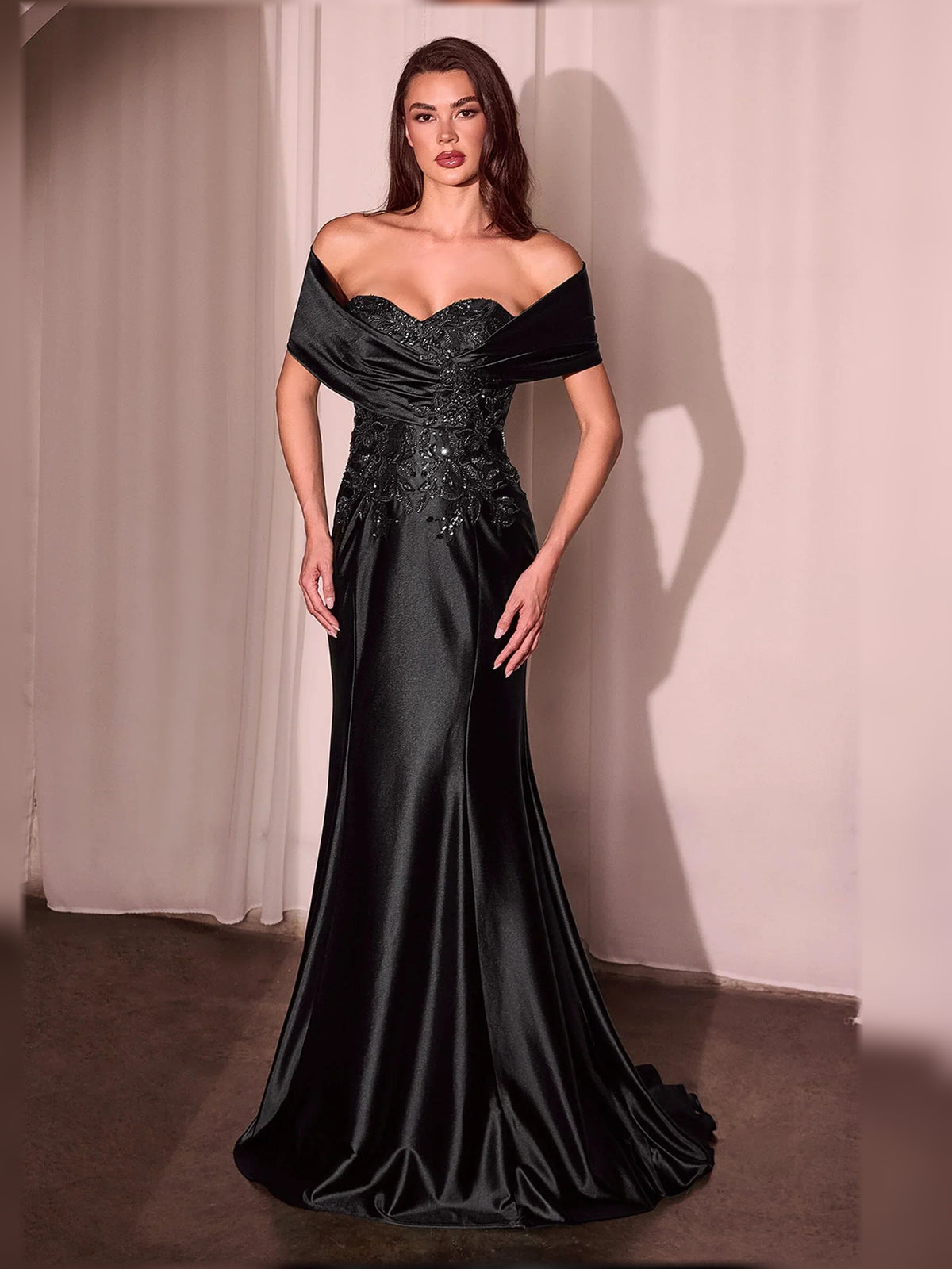 Black mermaid floor-length formal dress with floral print, alternate view