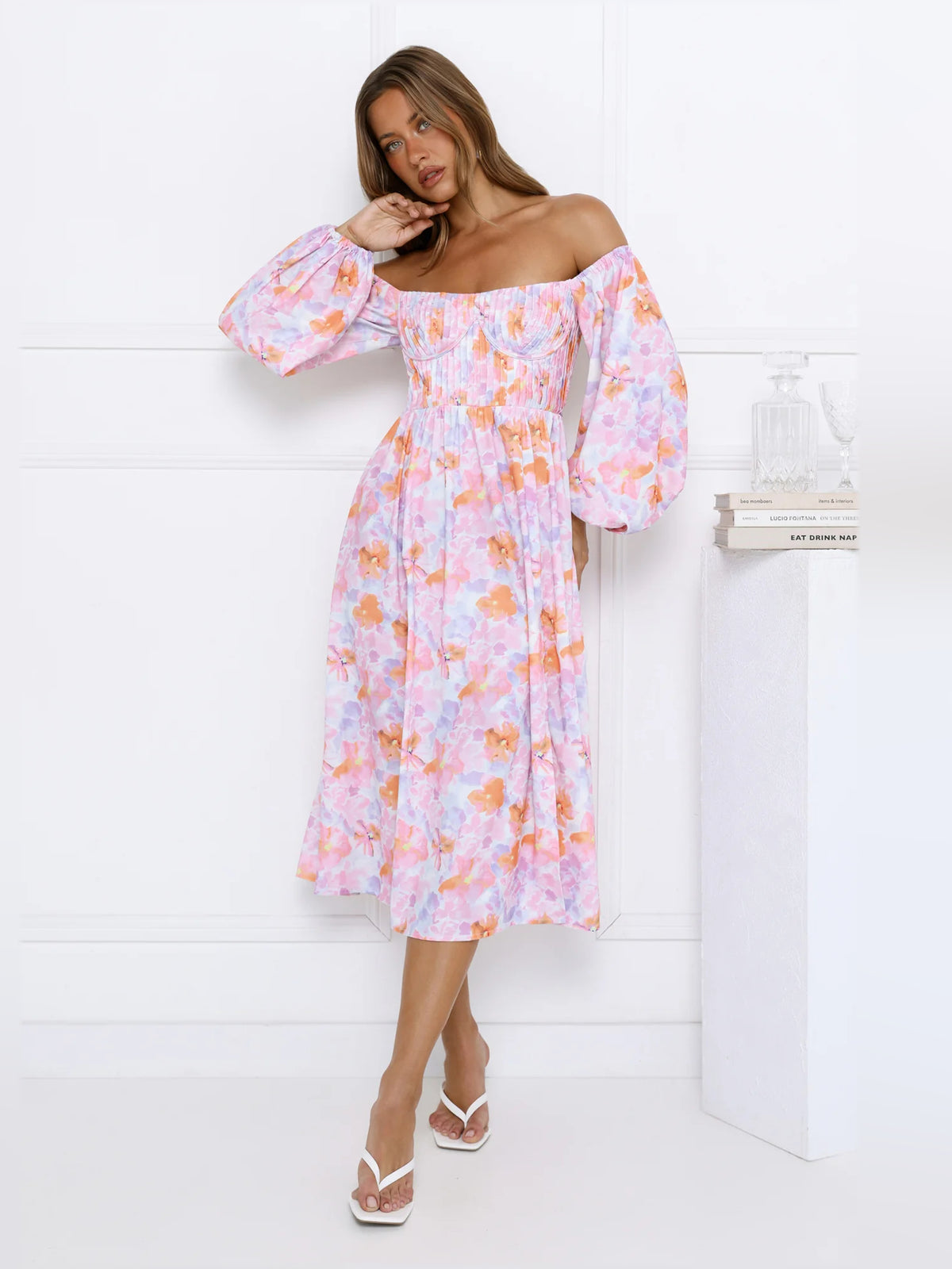 Multi midi formal dress with floral print, alternate view showing the waist