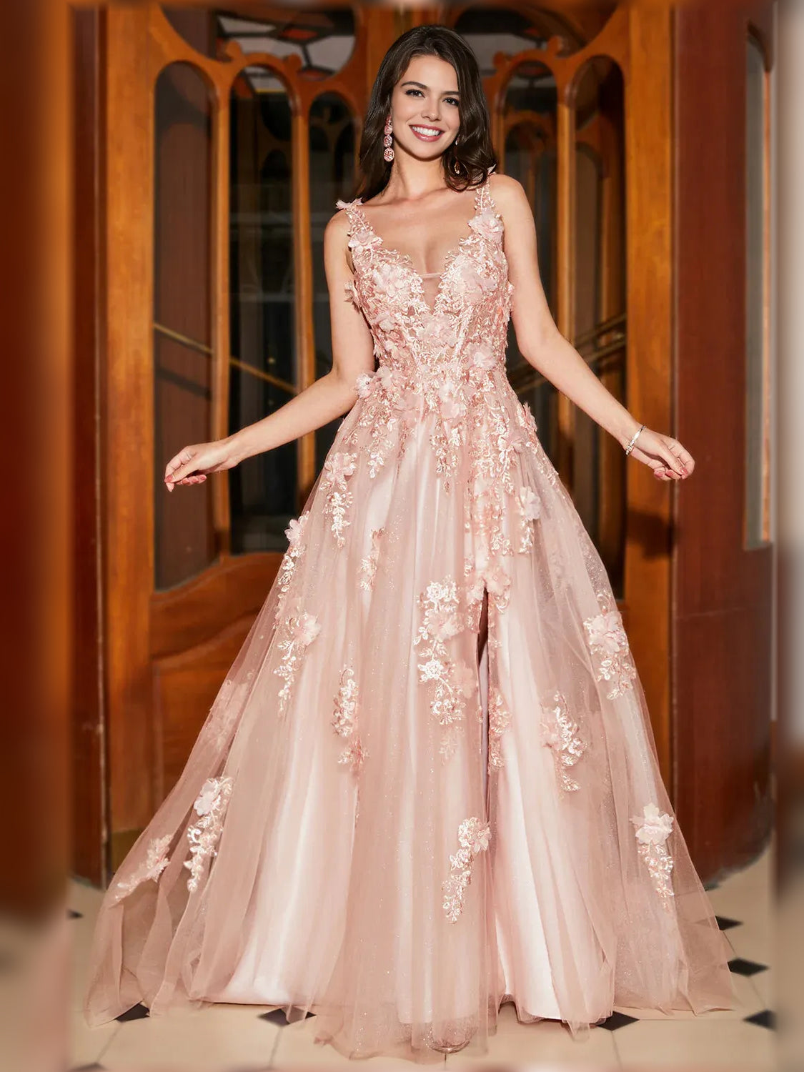 Light Pink a-line floor-length formal dress with embroidery, alternate view