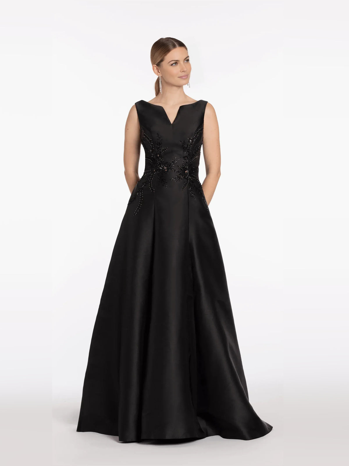 Black a-line floor-length formal dress with floral print, alternate view
