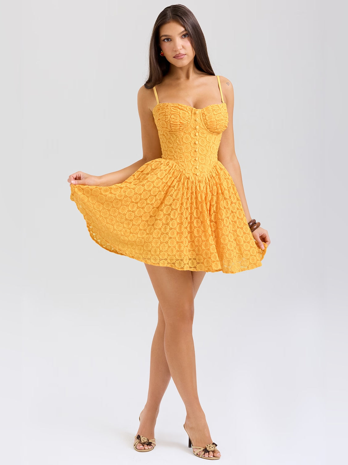 Apricot mini homecoming dress, alternate view showing the overall dress design