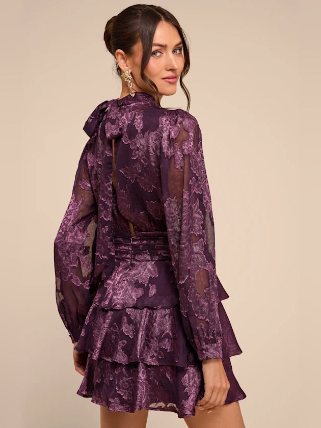 Purple Floral mini homecoming dress, alternate view showing the overall dress design