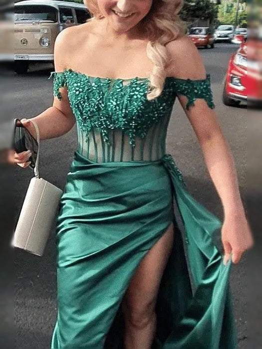 Emerald Green maxi prom dress, back view showing the rear of the dress in an additional pose