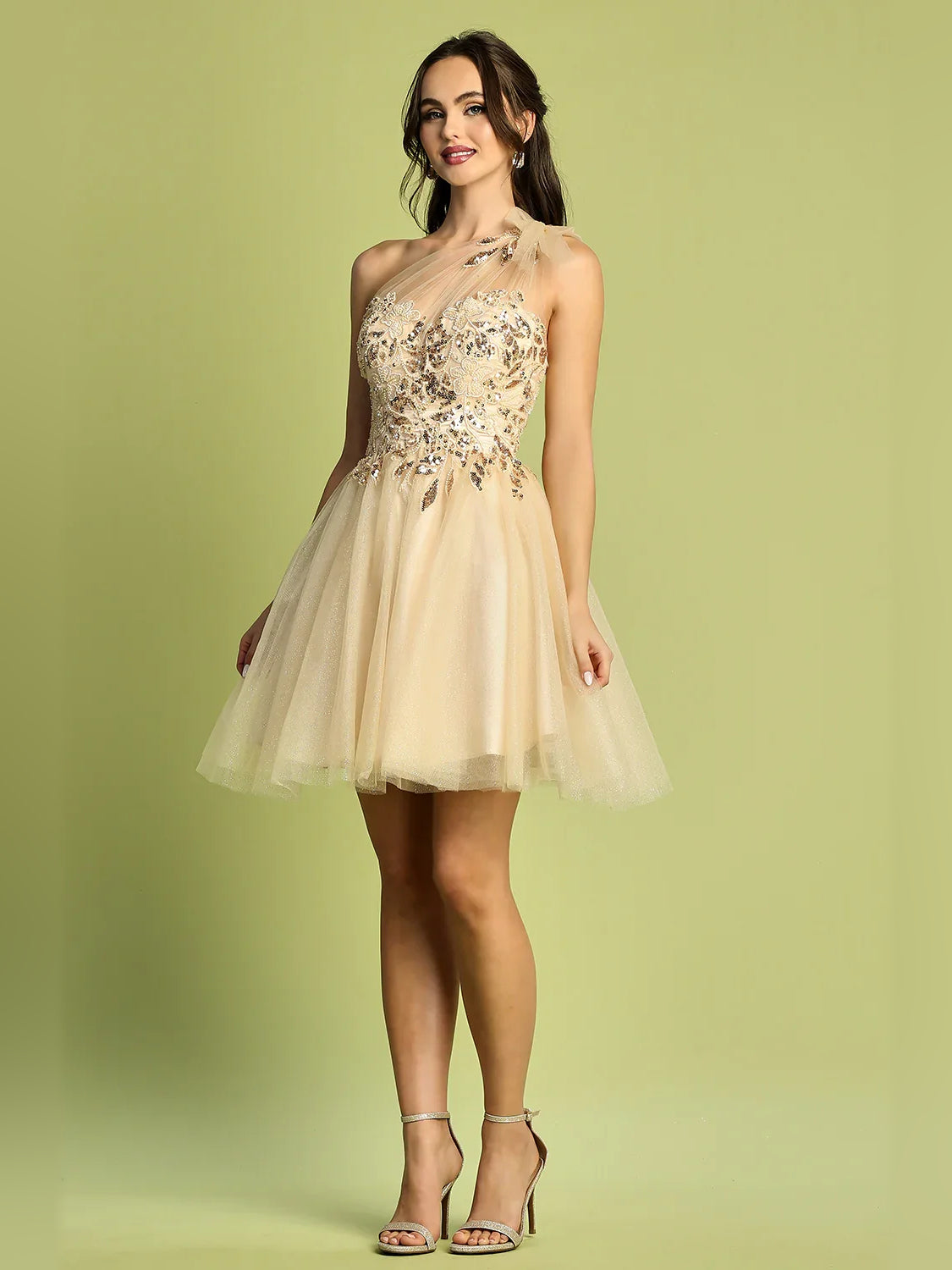 Champagne mini homecoming dress, alternate view showing the overall dress design