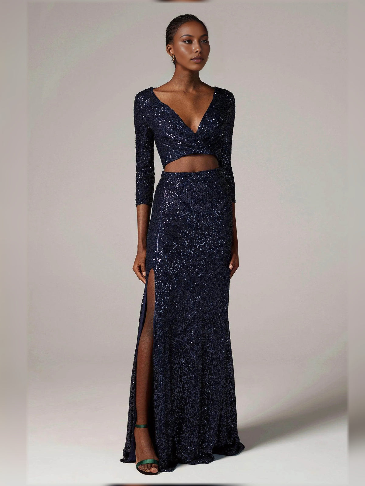 Dark Navy sheath floor-length formal dress with cutout detail, alternate view