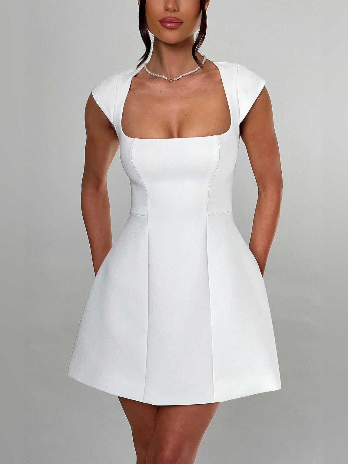 Ivory mini homecoming dress, alternate view showing the overall dress design