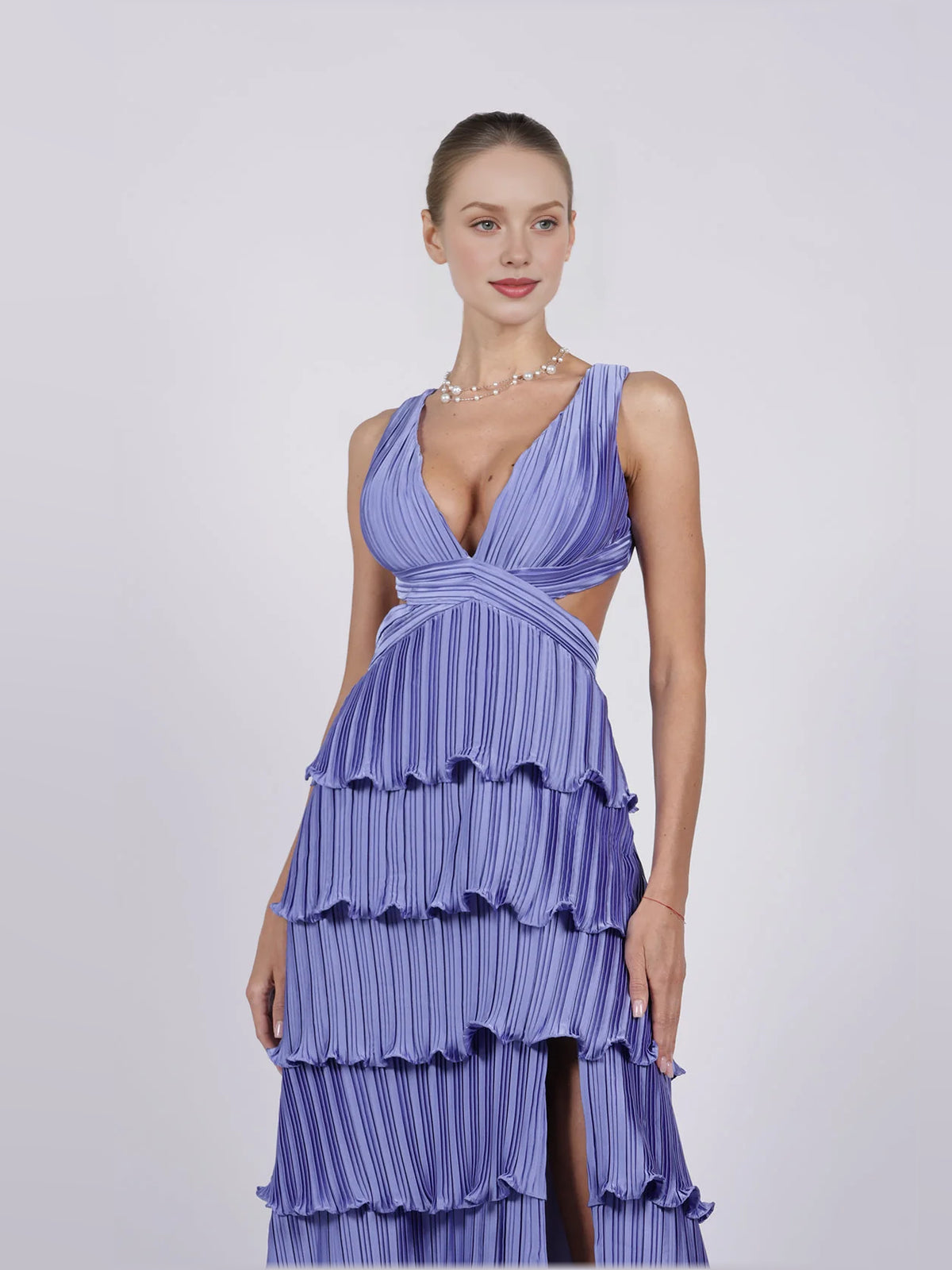 Purple a-line floor-length formal dress with cutout detail, alternate view