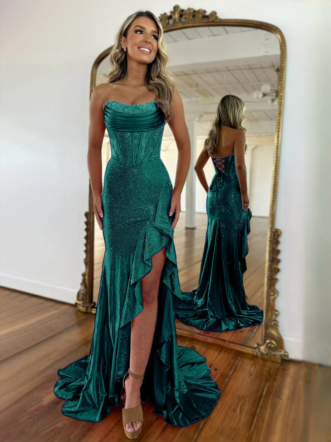 Dark Green maxi prom dress, alternate view showing the overall dress design