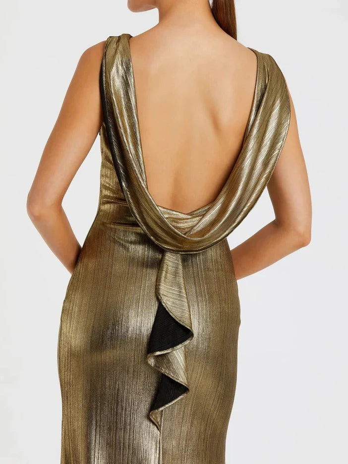 Gold mermaid floor-length formal dress with ruffle details, alternate view showing the waist