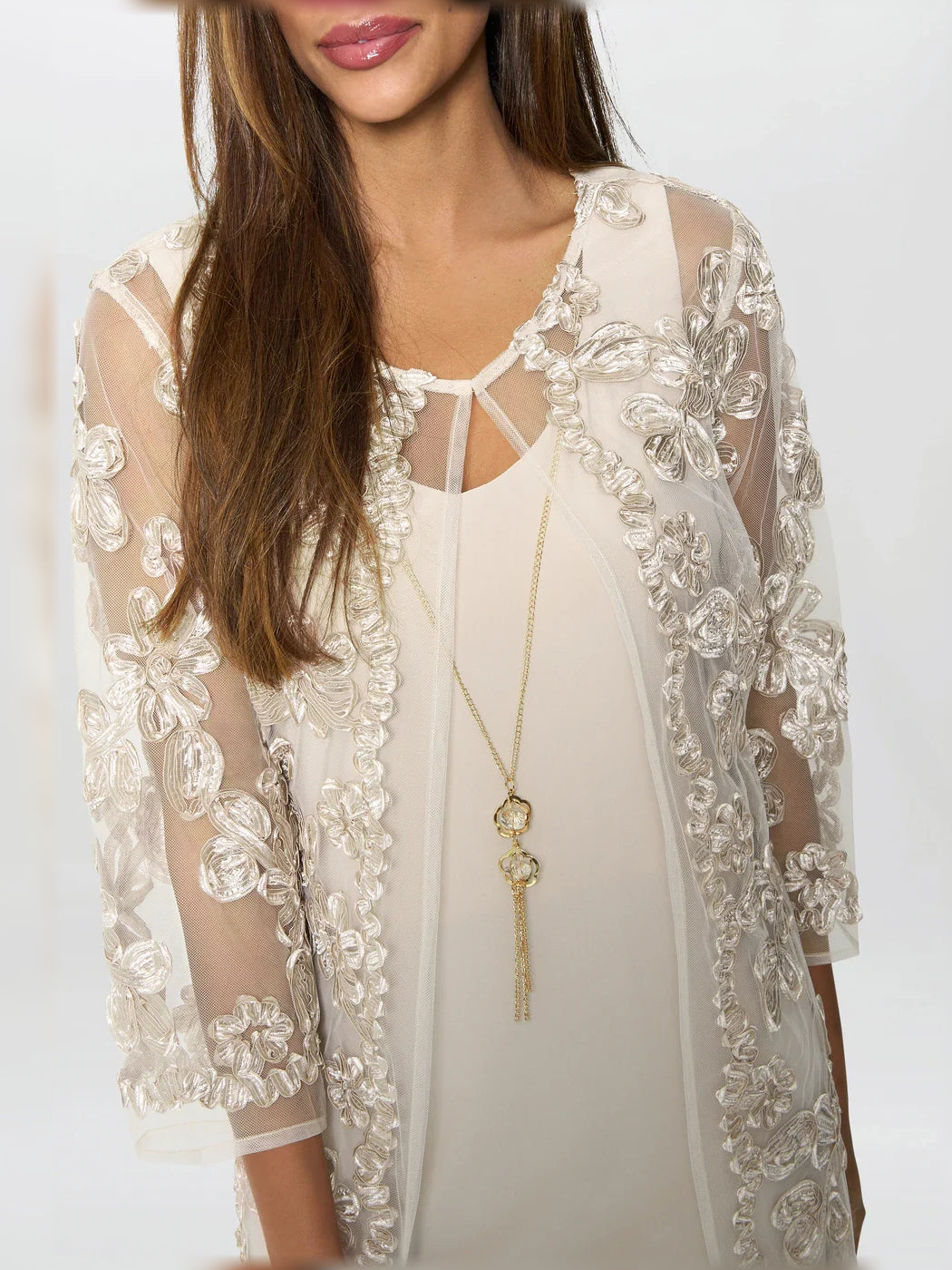 Cream knee-length mother of the bride dress, alternate view showing the overall dress design