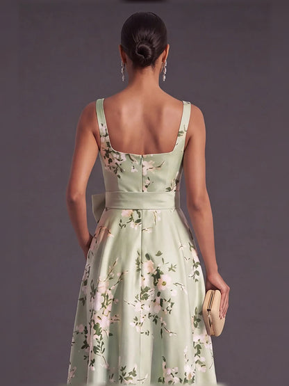 Floral a-line floor-length formal dress with bow detail, alternate view showing the waist