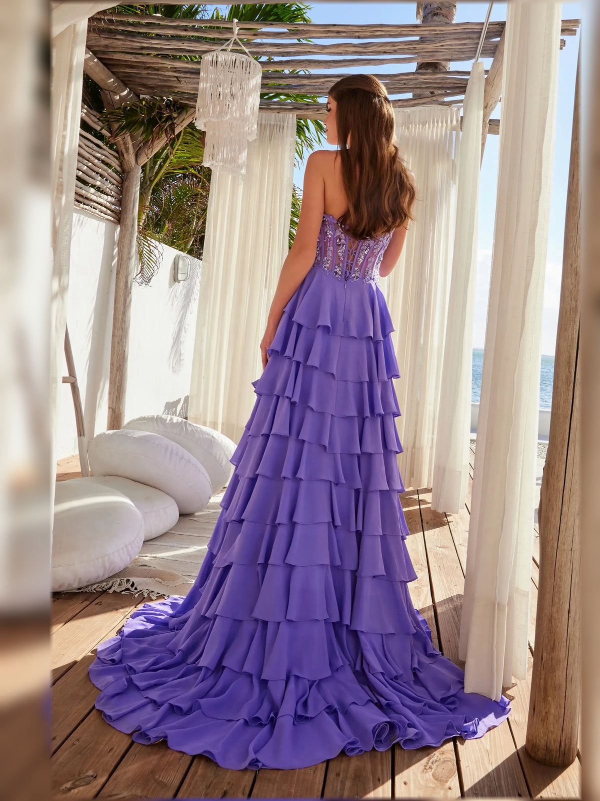 Watermelon a-line floor-length formal dress with corset-style bodice, alternate view
