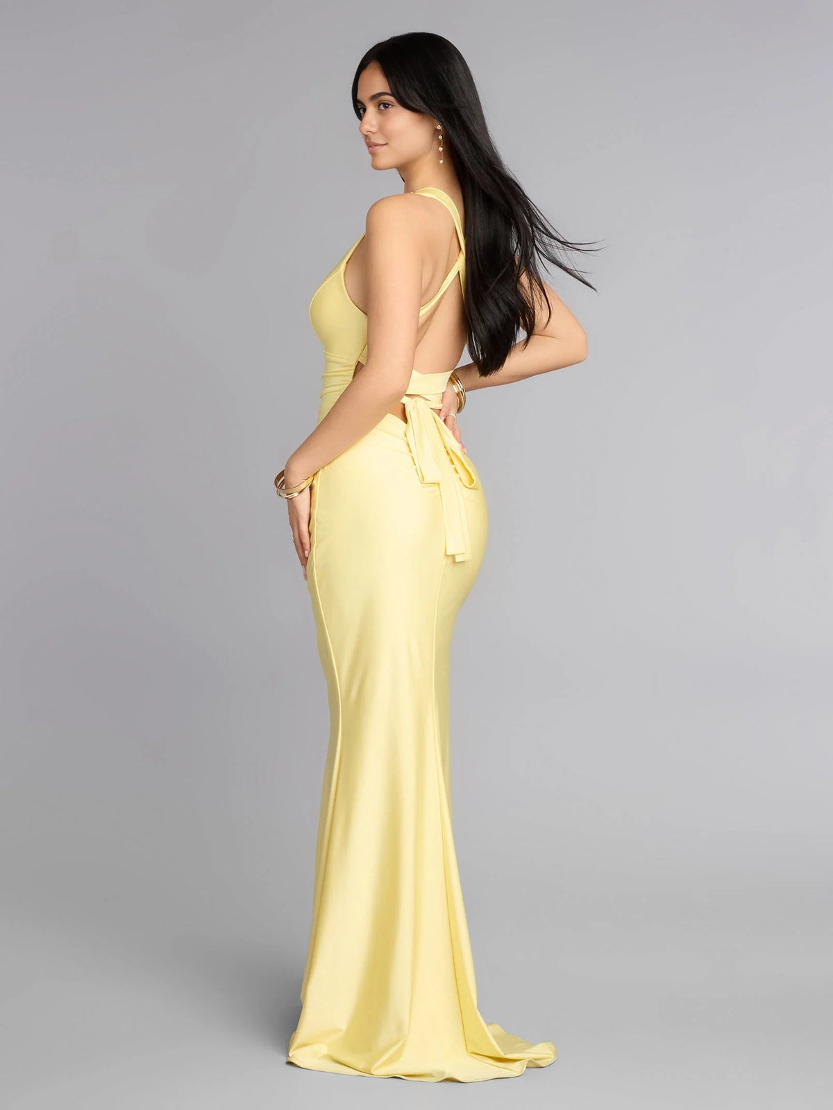 Pale Lemon maxi prom dress, alternate view showing the overall dress design