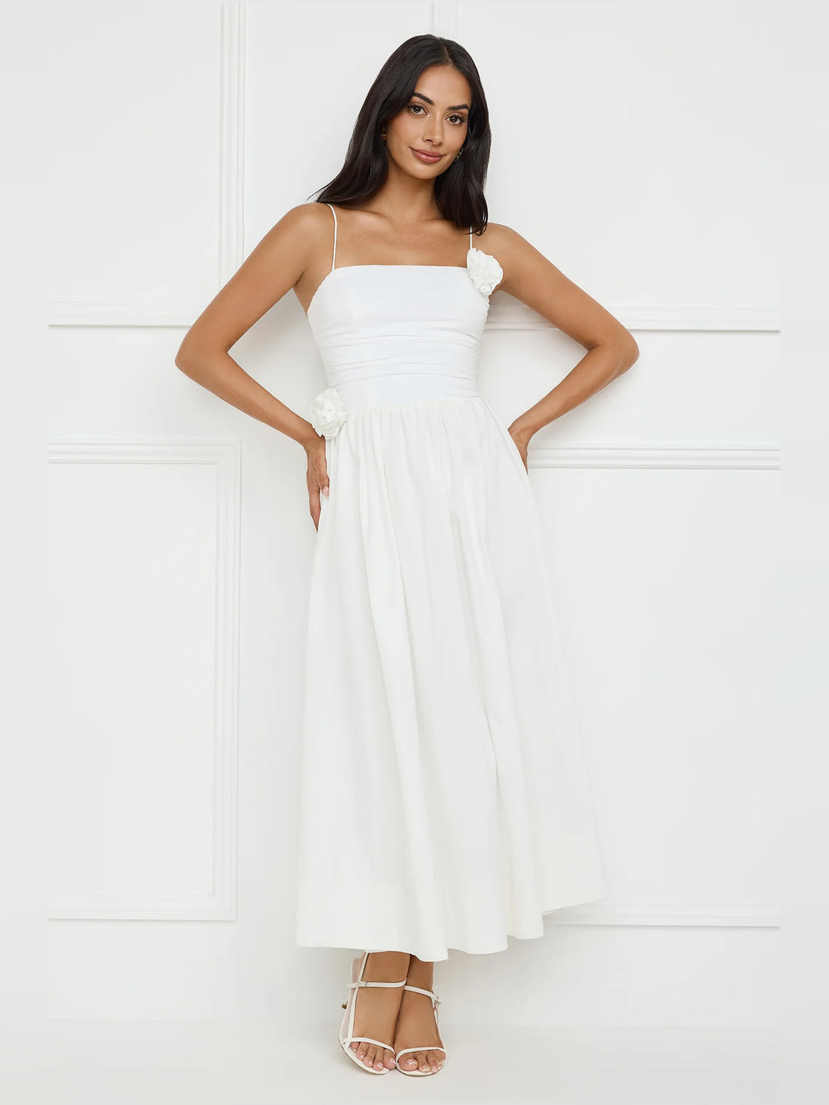 White a-line maxi formal dress with floral appliqué, alternate view showing the waist