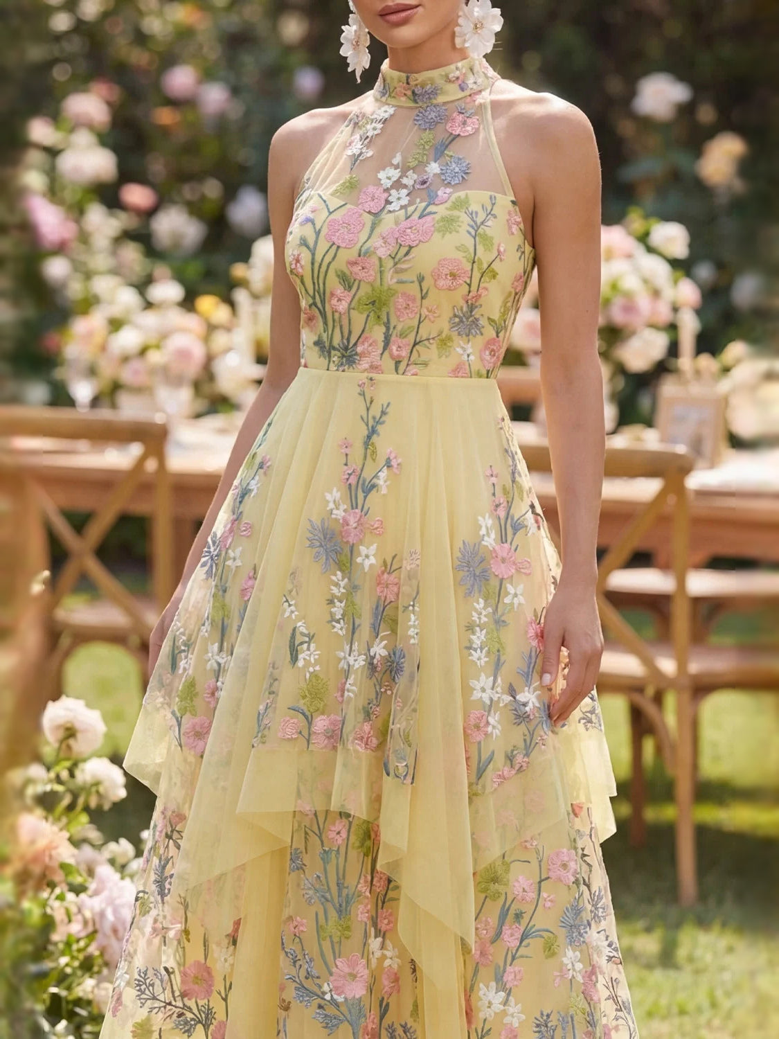 Yellow midi prom dress, alternate view showing the overall dress design