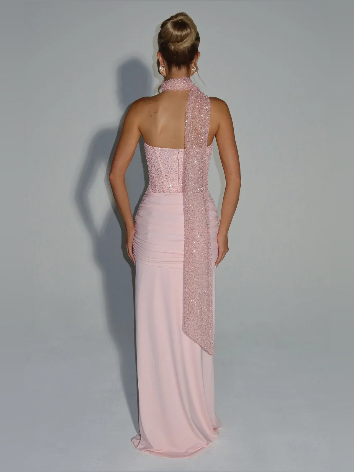 Light Pink maxi prom dress, alternate view showing the overall dress design