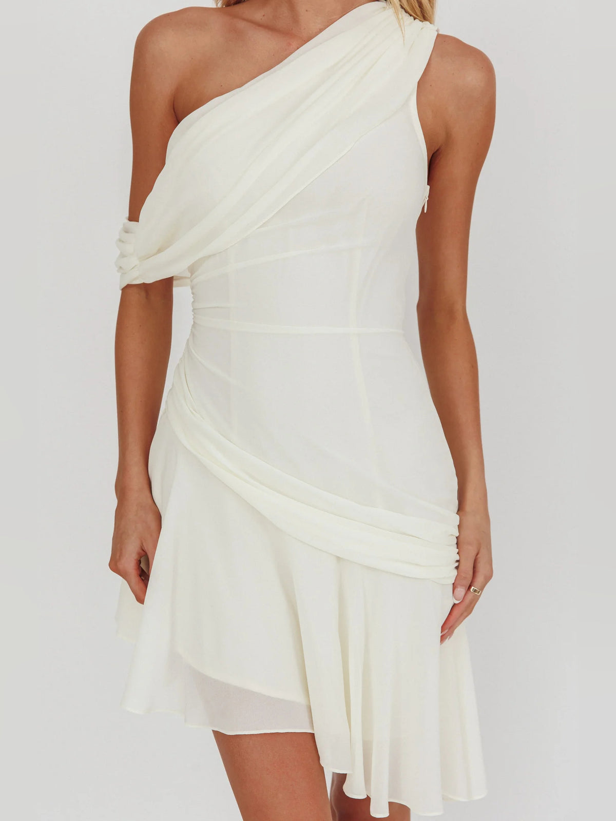 Cream mini homecoming dress, alternate view showing the overall dress design
