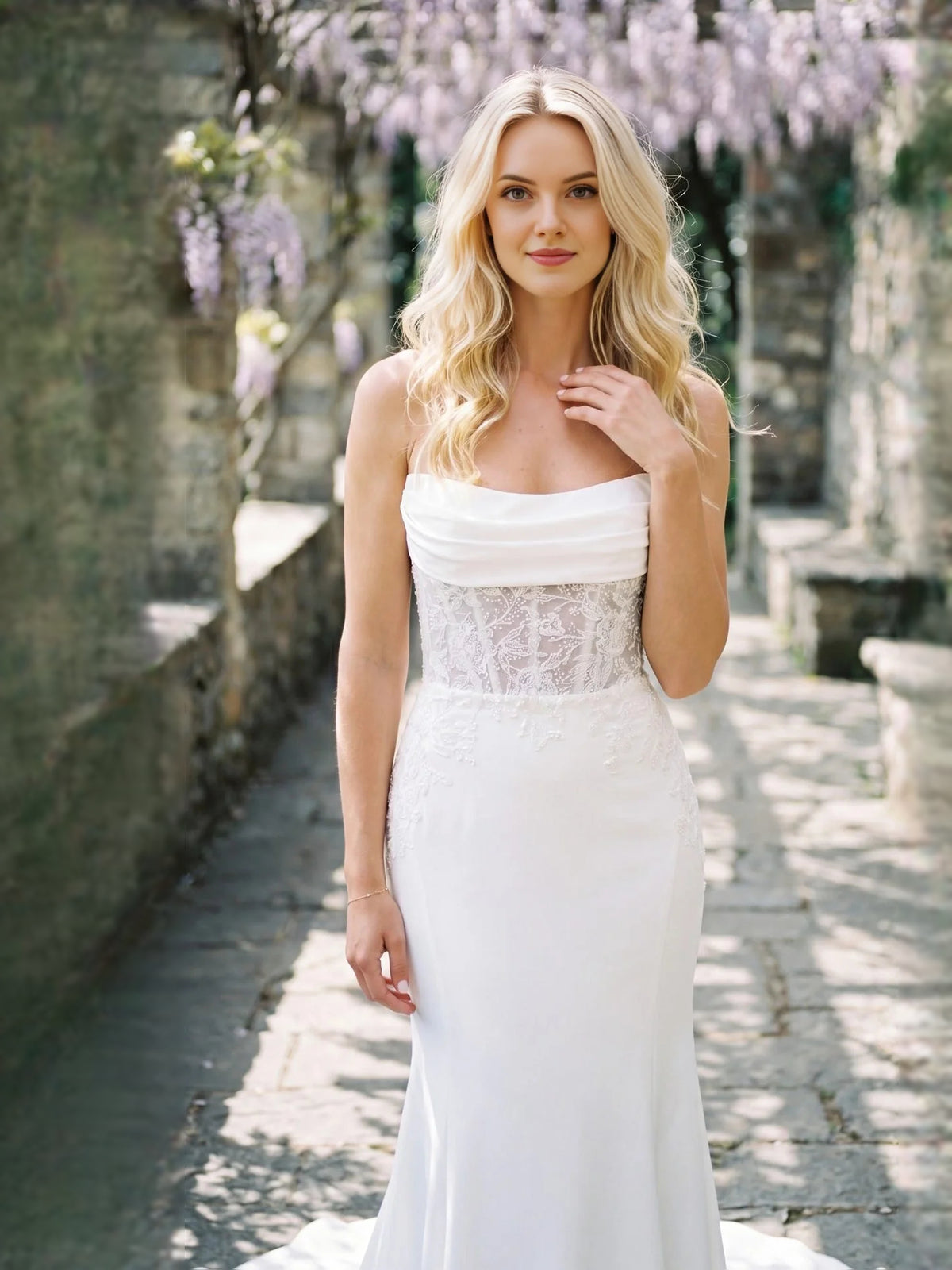 Ivory floor-length wedding dress, alternate view showing the overall dress design