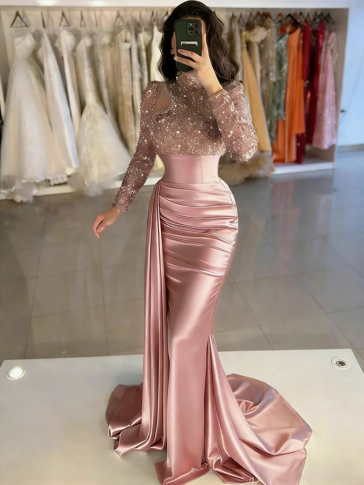 Dusty Rose mermaid floor-length formal dress with sequins, alternate view