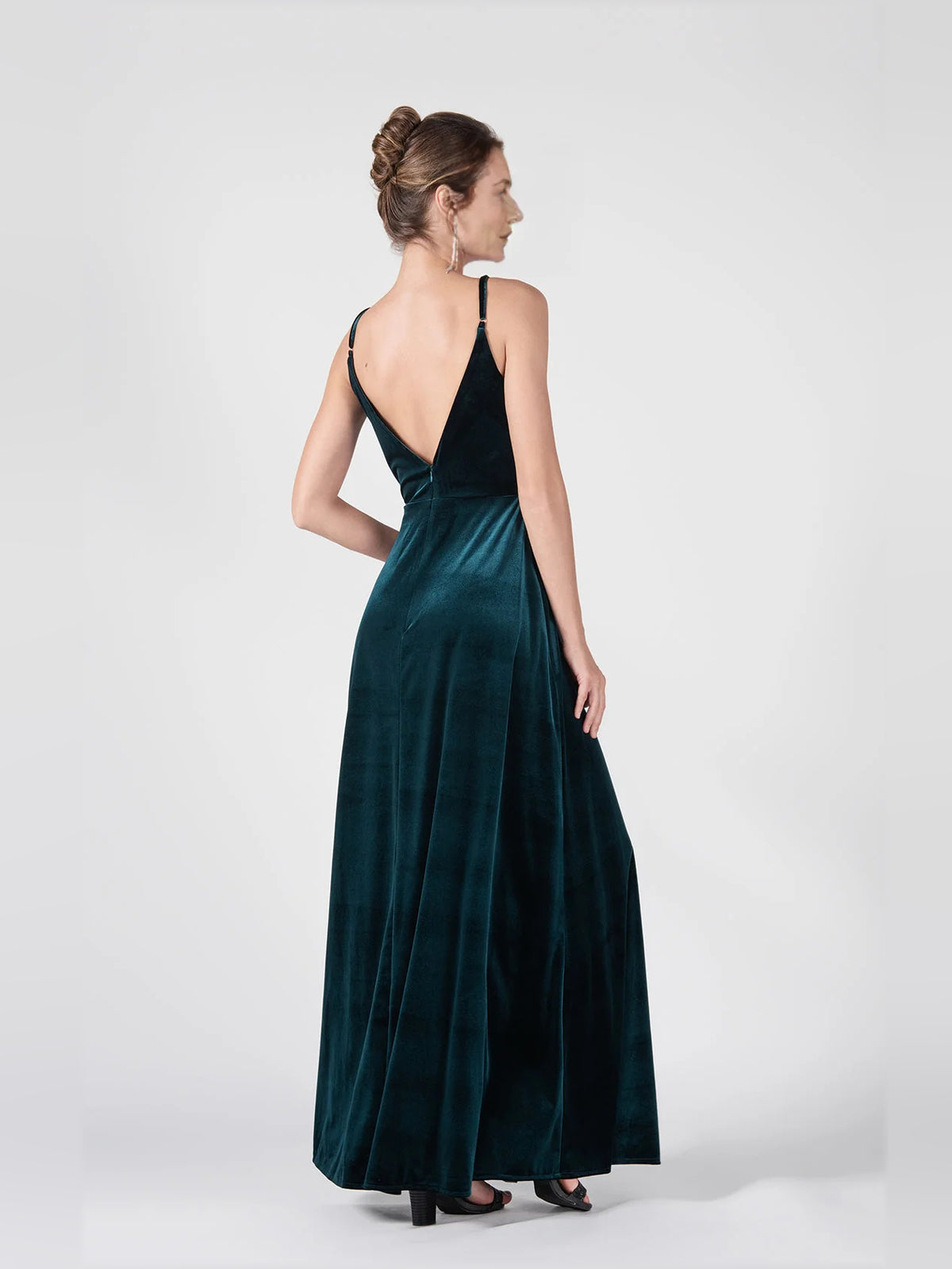 Dark Green a-line floor-length formal dress with V-neckline, alternate view showing the waist