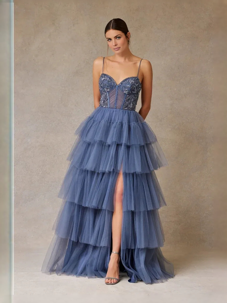 Slate Blue floor-length prom dress, alternate view showing the overall dress design