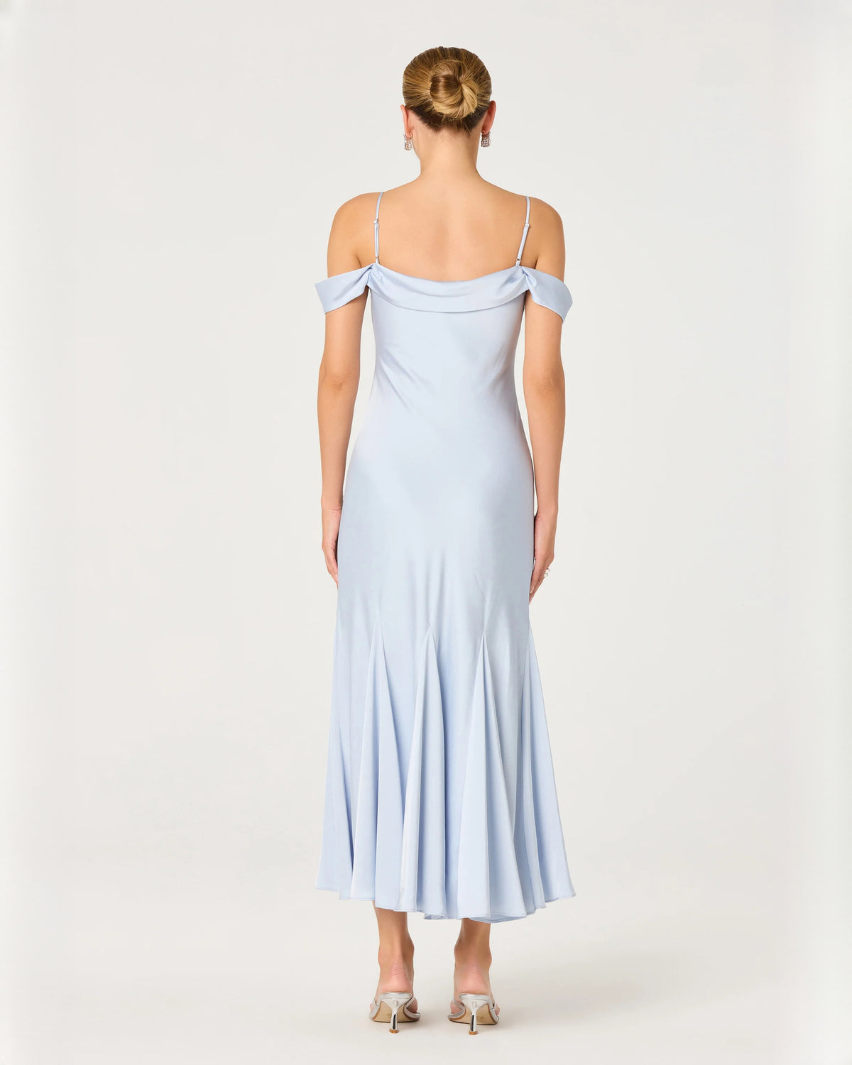 off-shoulder satin a-line midi bridesmaid dress - image 4