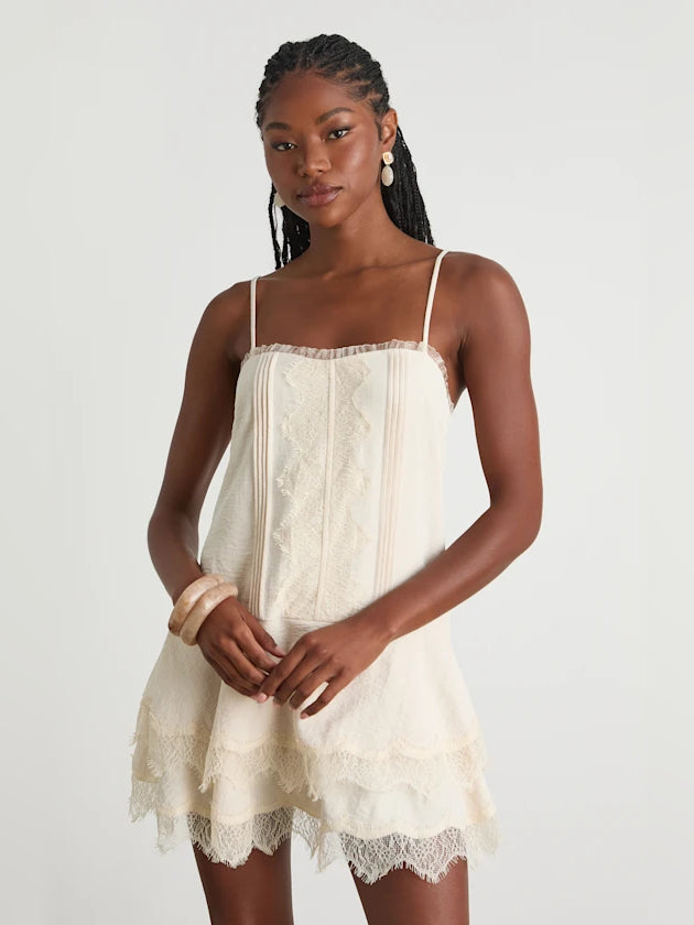 Cream mini homecoming dress, alternate view showing the overall dress design