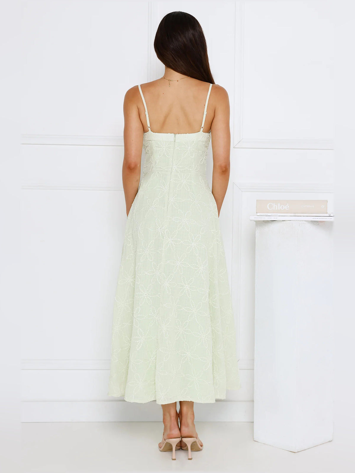 Mint midi formal dress, alternate view showing the waist