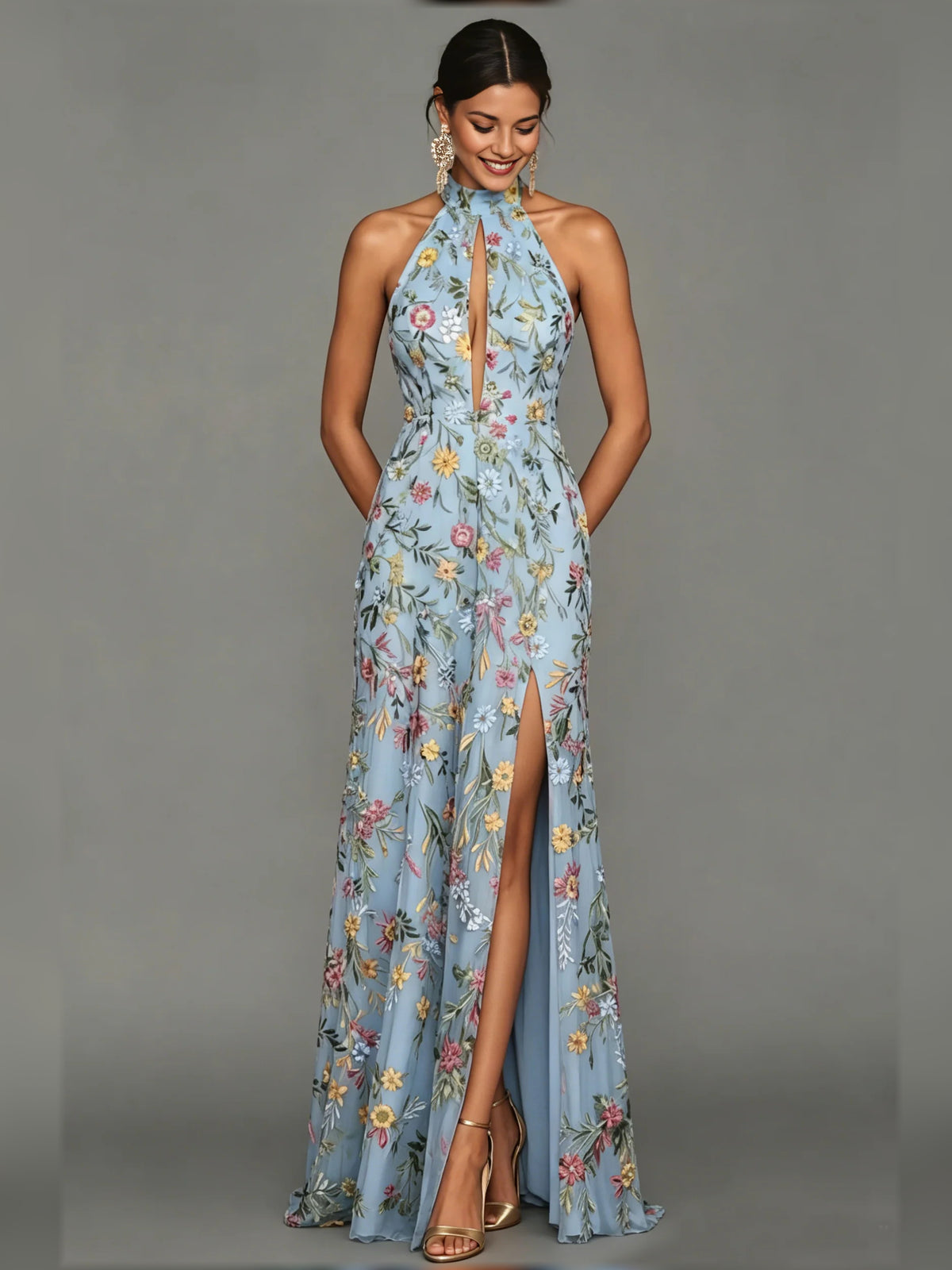 Light Blue a-line floor-length formal dress with embroidery, alternate view