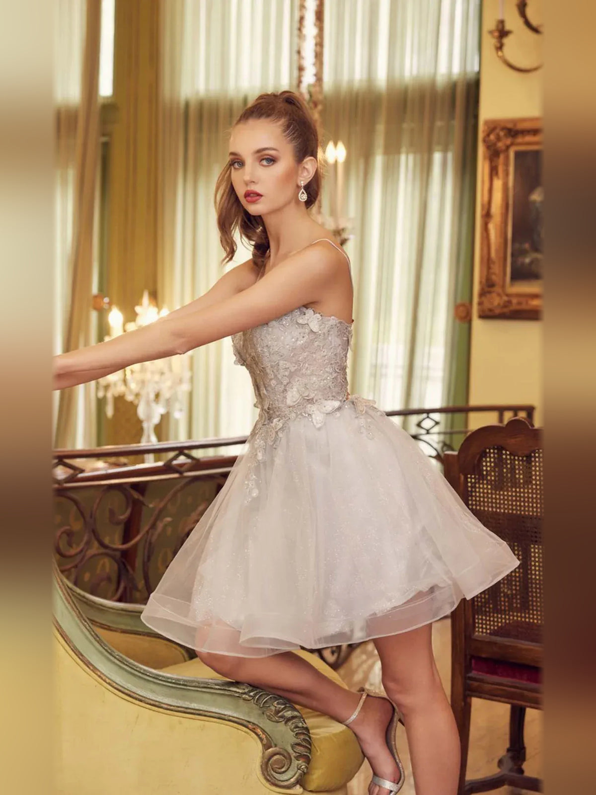 Silver mini homecoming dress, alternate view showing the overall dress design