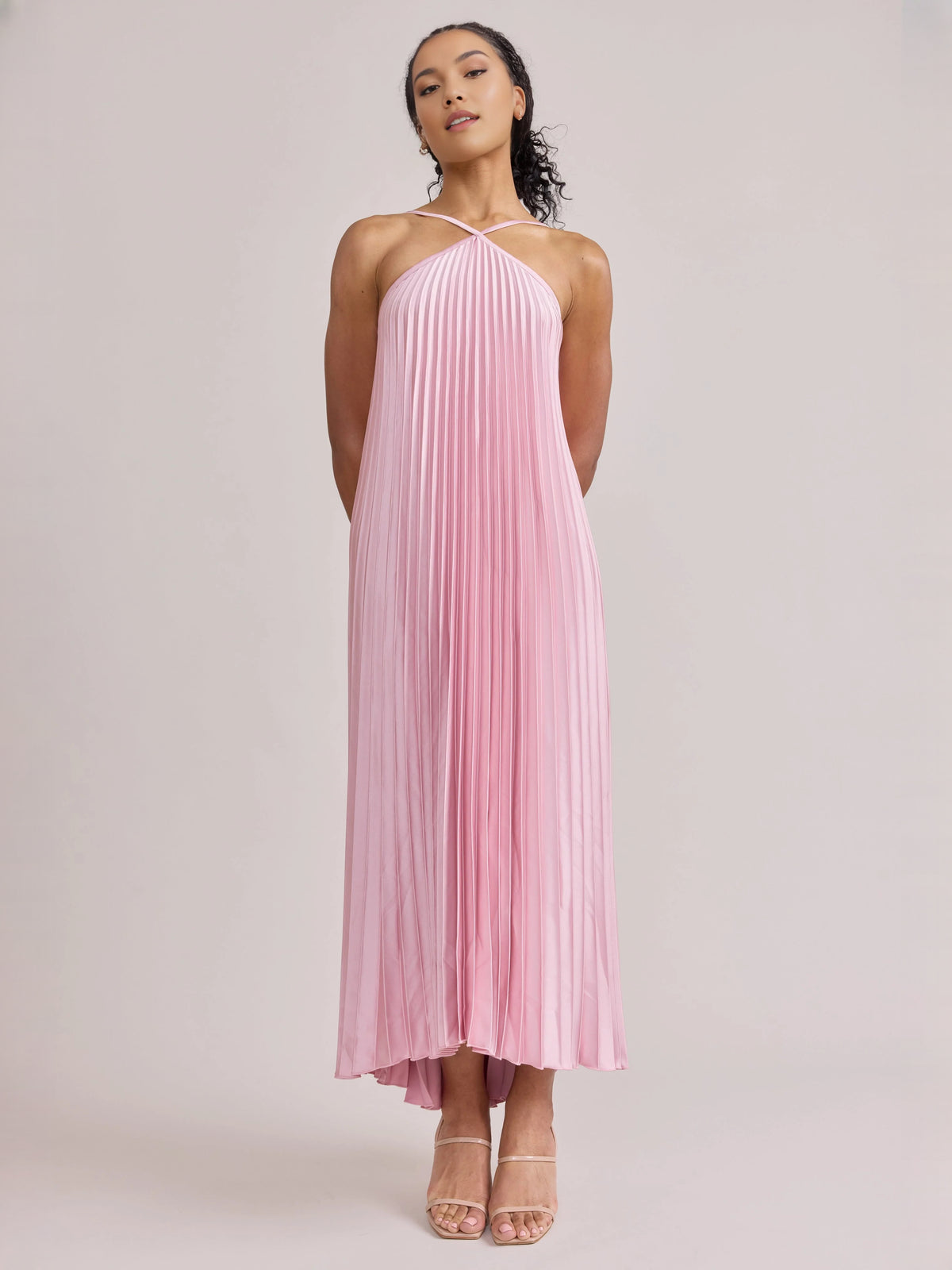 Pink midi bridesmaid dress, alternate view showing the overall dress design