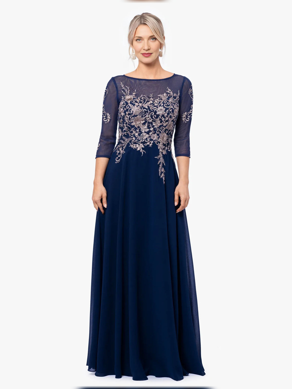 Dark Navy floor-length mother of the bride dress, alternate view showing the overall dress design